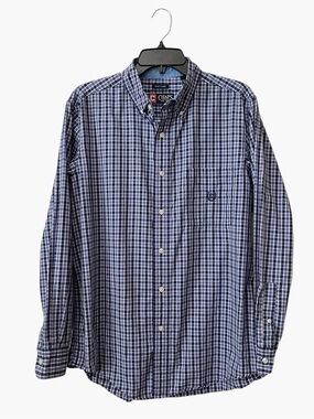 Chaps Easy Care Shirt Men's Sz M Purple Plaid Cotton Blend Logo Pocket Long Slv